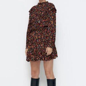 NWT Zara Multicolored Long Sleeve dress with ruffle and button detail Size S